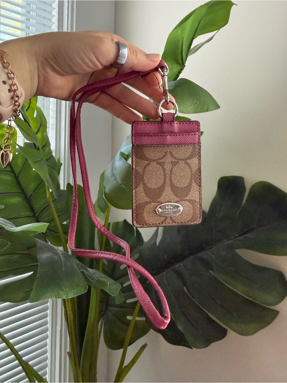 Coach Brown Signature ID Holder with Berry Trim and Lanyard